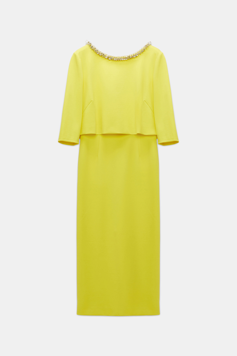 Dorothee Schumacher Layered-look Dress In Punto Milano With Embellishment In Yellow
