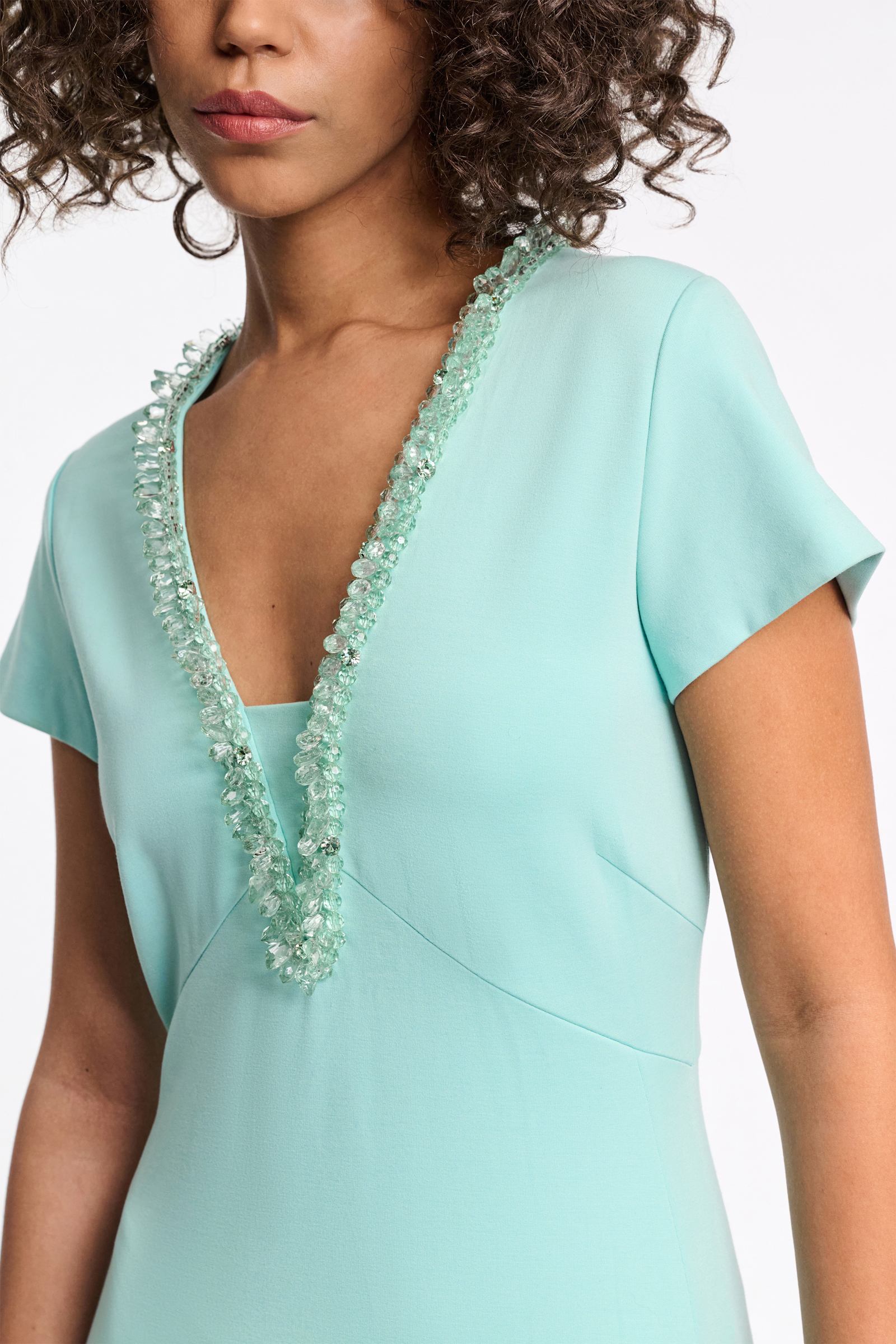 Dorothee Schumacher Punto Milano hourglass dress with embellished V-neckline soft turquoise