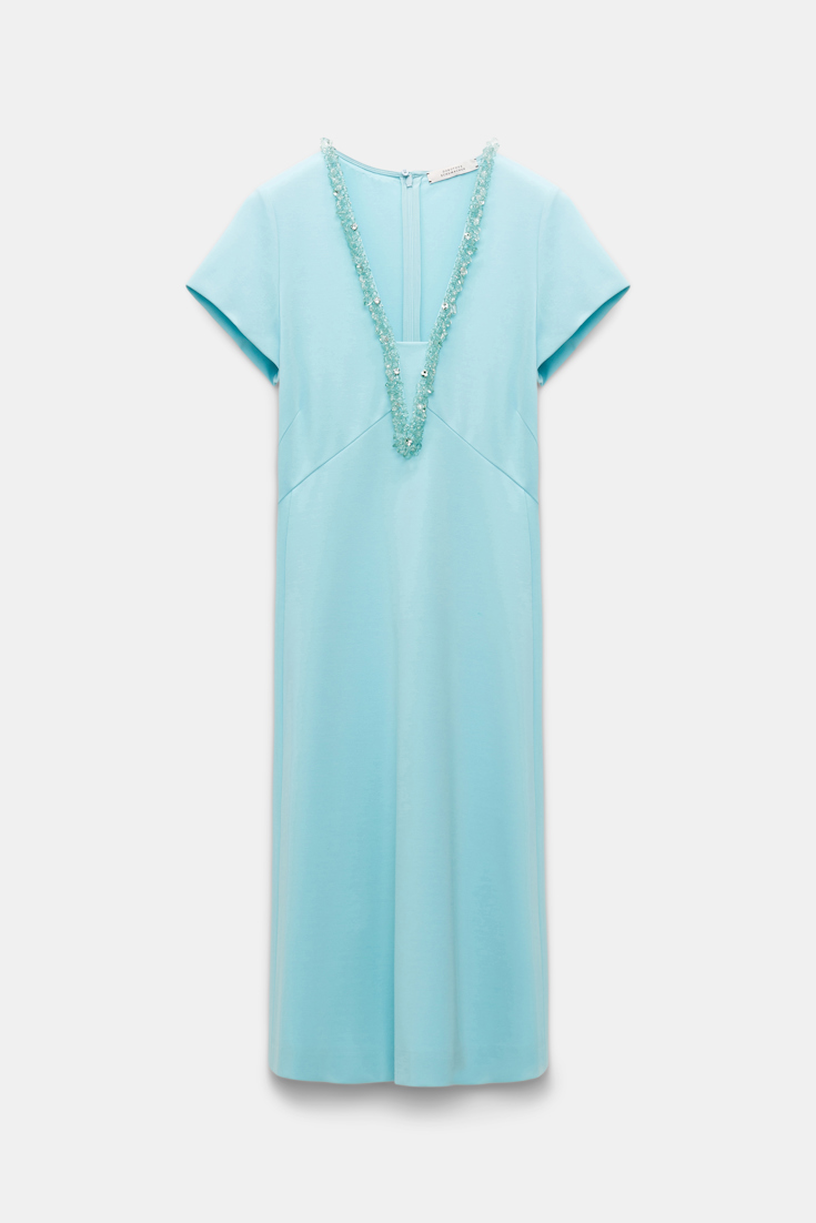 Dorothee Schumacher Kleid aus Punto Milano mit besticktem V-Ausschnitt soft turquoise