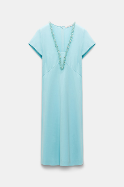 EMOTIONAL ESSENCE CAPSULE dress Dorothee Schumacher Punto Milano hourglass dress with embellished V-neckline soft turquoise