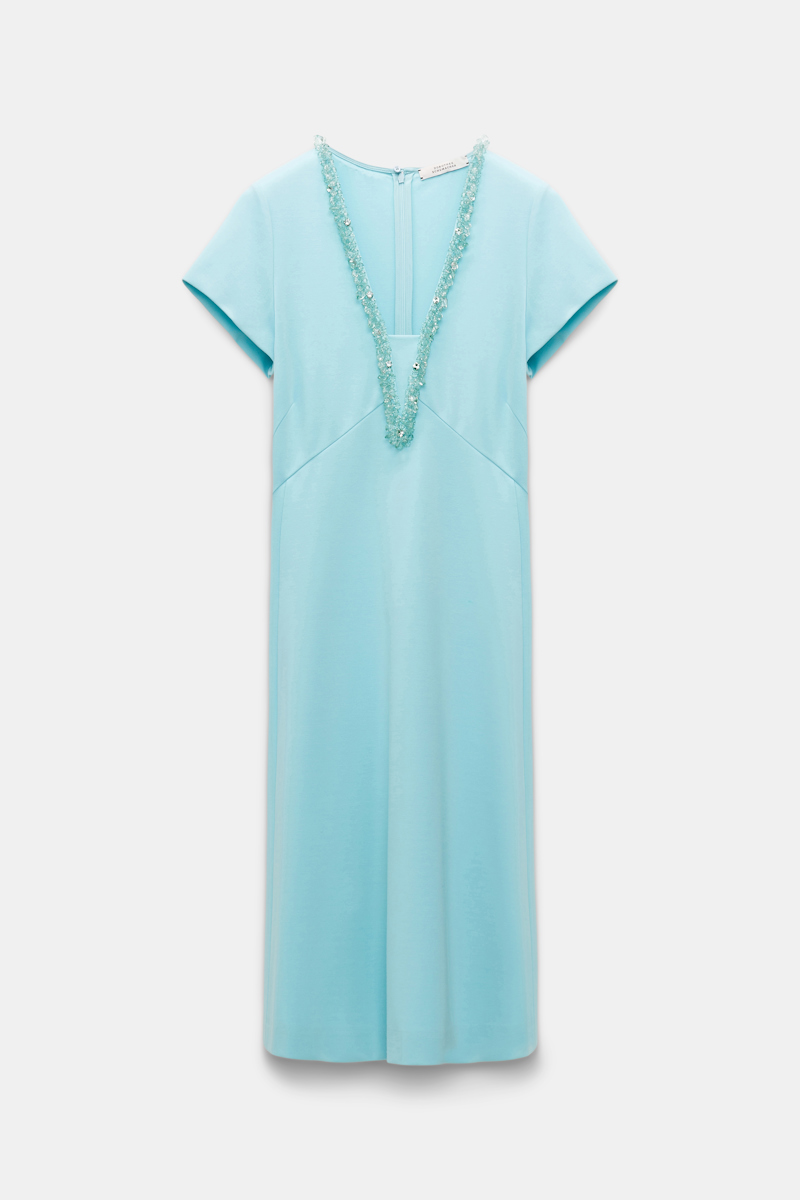 Dorothee Schumacher Punto Milano Hourglass Dress With Embellished V-neckline In Blue