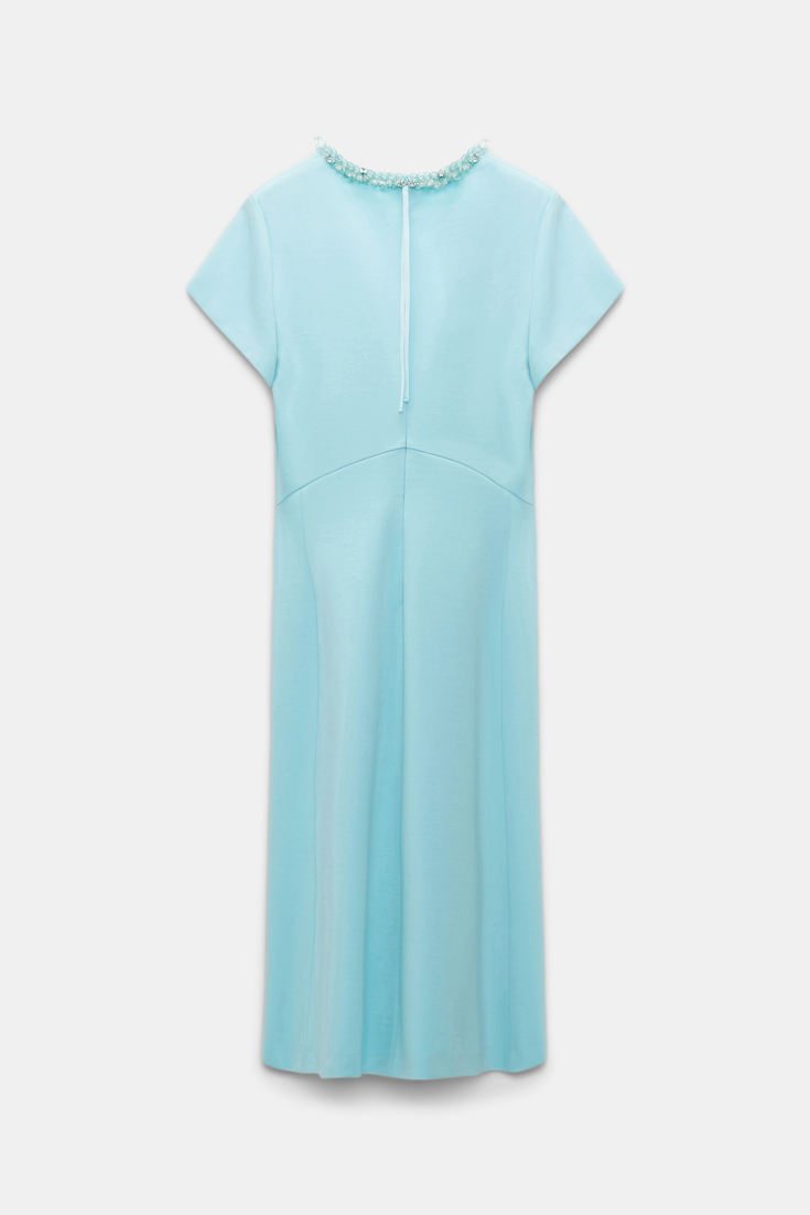 Dorothee Schumacher Punto Milano hourglass dress with embellished V-neckline soft turquoise