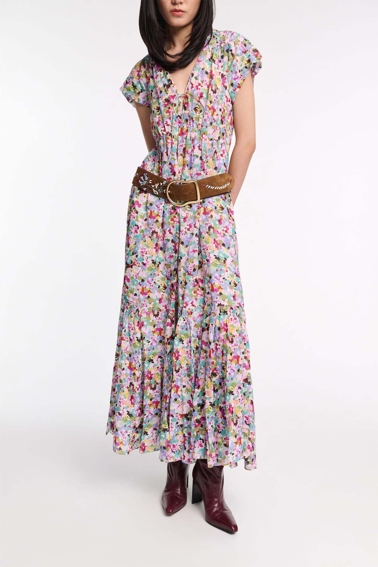 Dorothee Schumacher Printed ramie cap sleeve maxi dress colorful rose & green