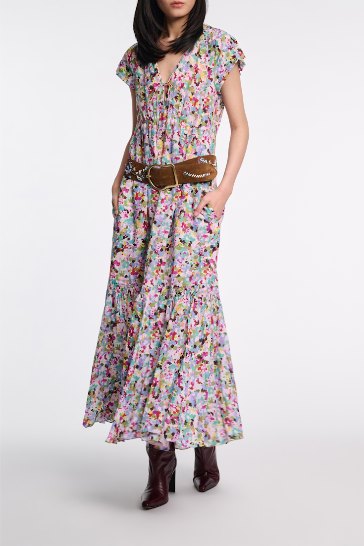 Dorothee Schumacher Printed ramie cap sleeve maxi dress colorful rose & green