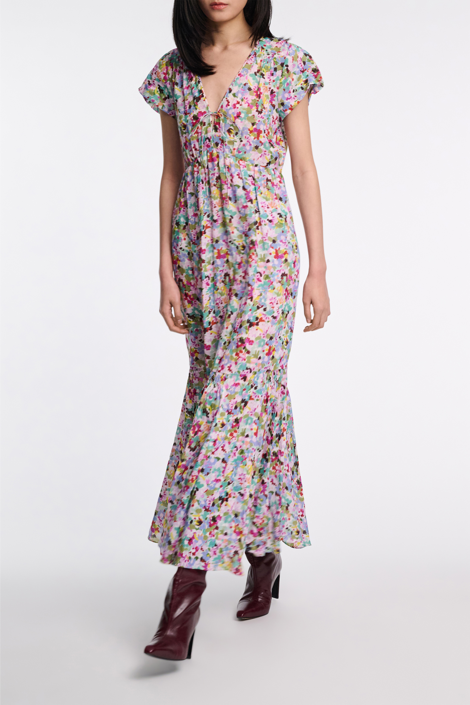 Dorothee Schumacher Printed ramie cap sleeve maxi dress colorful rose & green