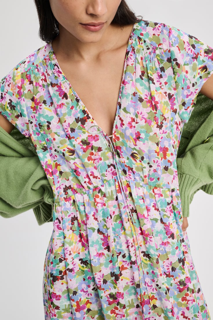 Dorothee Schumacher Printed ramie cap sleeve maxi dress colorful rose & green