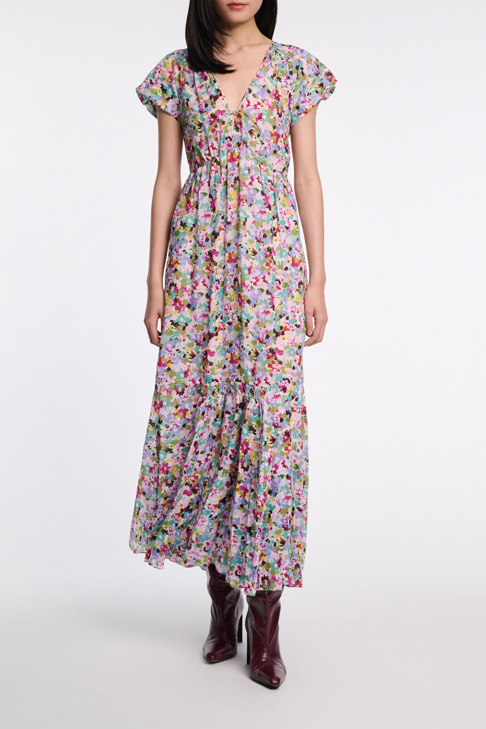 Dorothee Schumacher Printed ramie cap sleeve maxi dress colorful rose & green