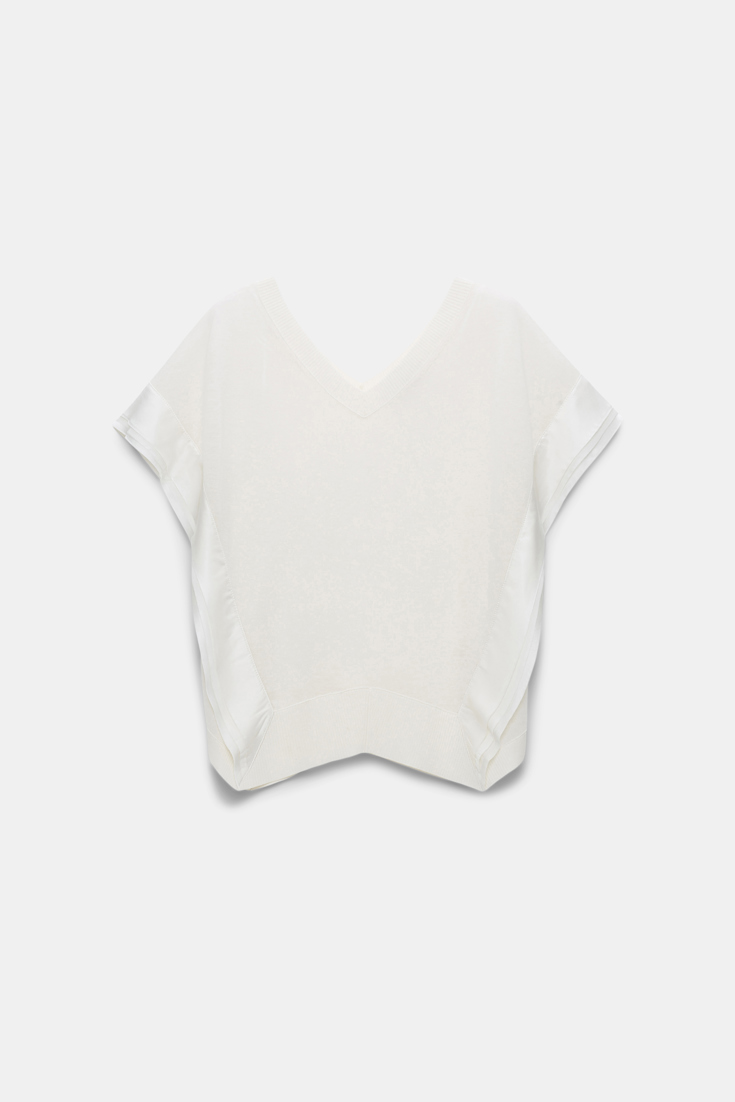 Dorothee Schumacher Wool-cashmere knit top with layered satin trim shaded white