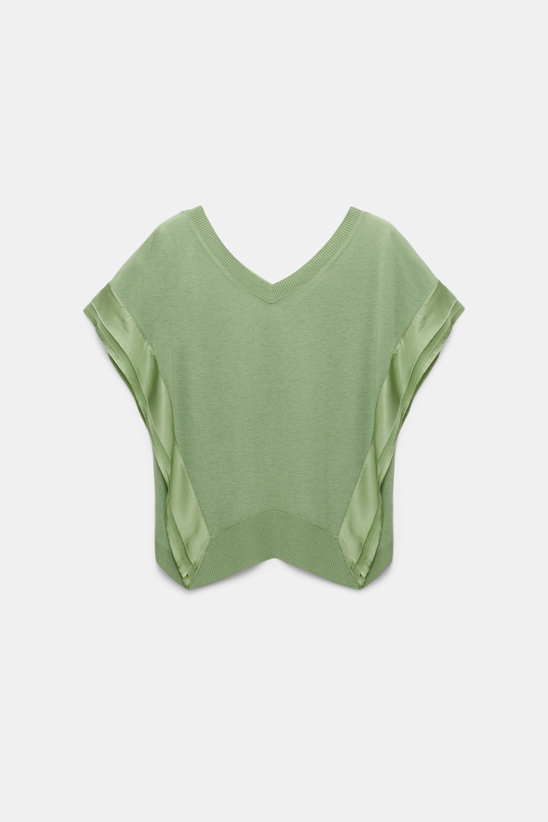 Dorothee Schumacher Wool-cashmere Knit Top With Layered Satin Trim In Green