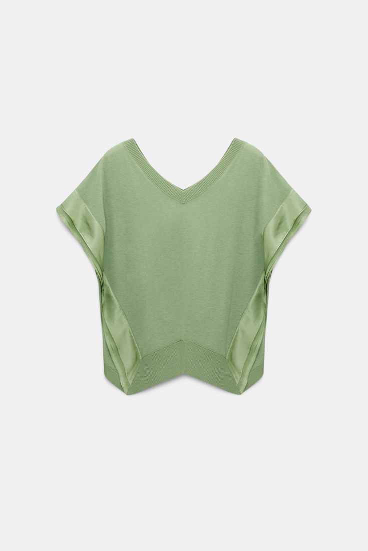 Dorothee Schumacher Wool-cashmere knit top with layered satin trim soft green