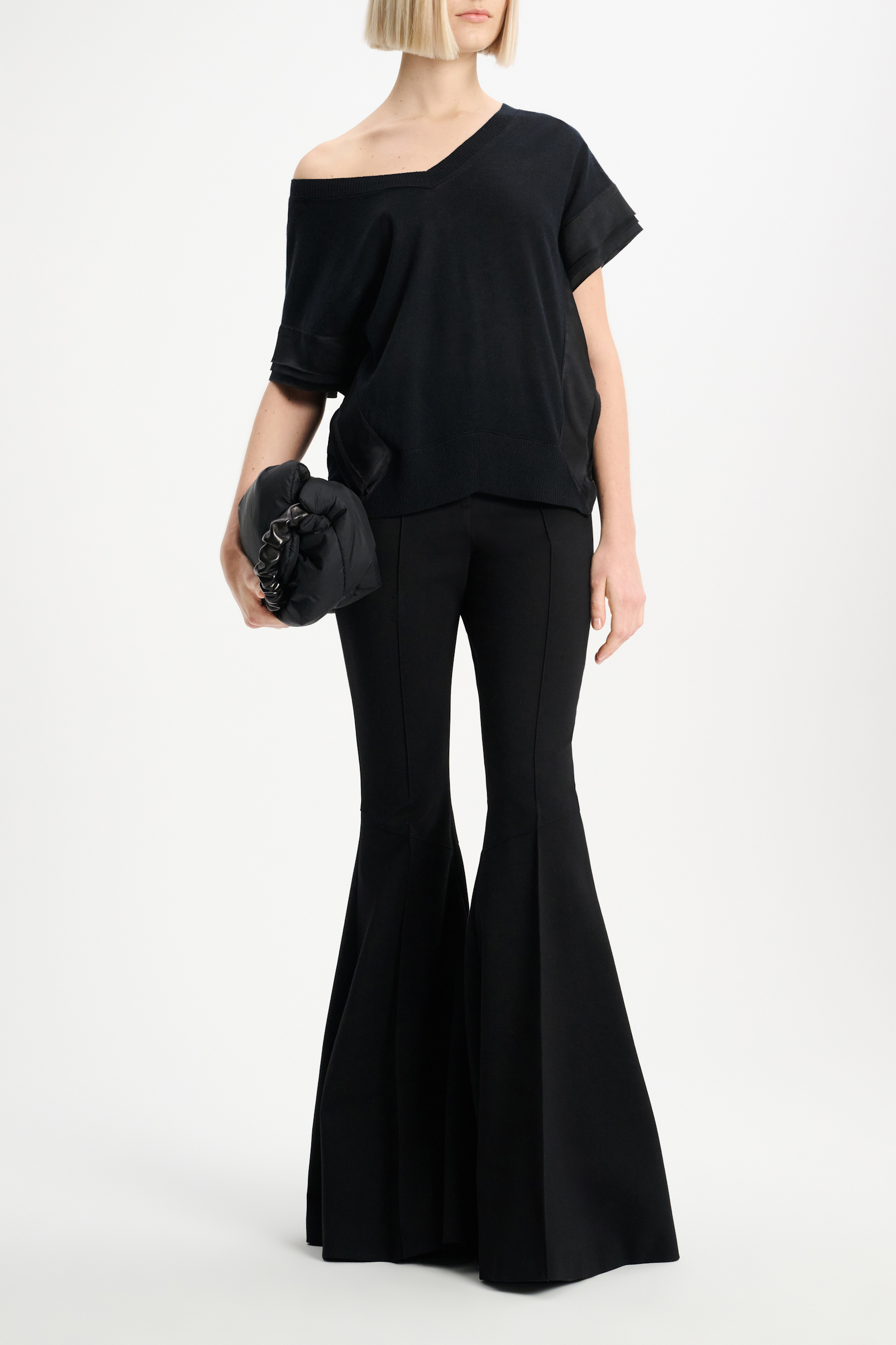 Dorothee Schumacher Wool-cashmere knit top with layered satin trim pure black