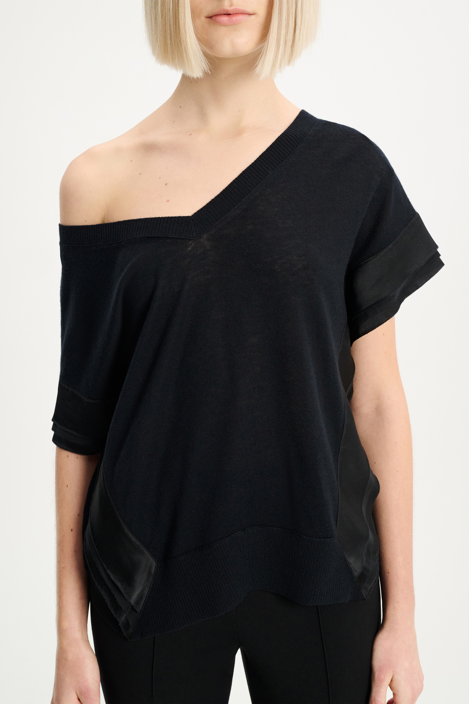Dorothee Schumacher Wool-cashmere knit top with layered satin trim pure black