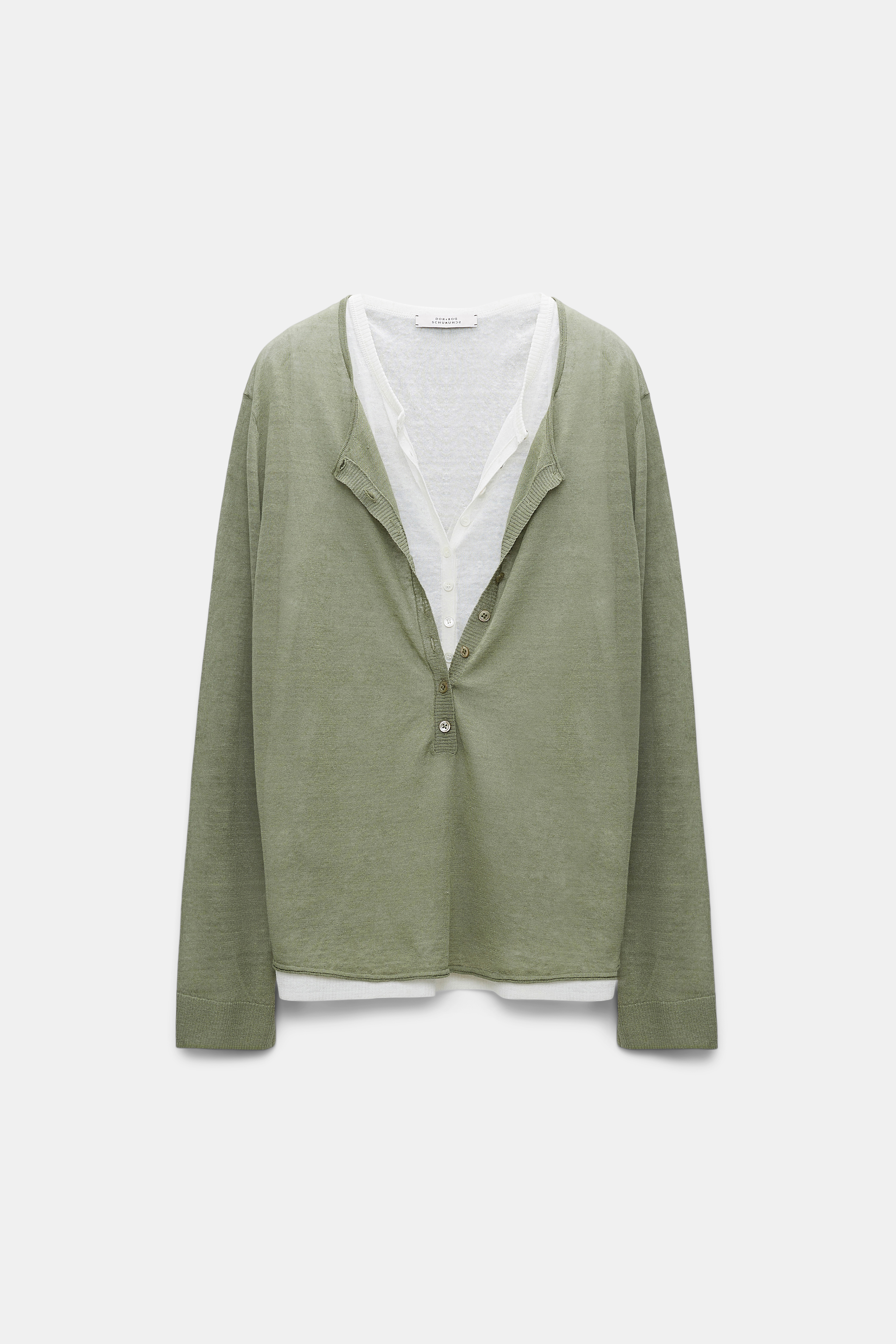Dorothee Schumacher Linen blend henley-style layered top pale khaki