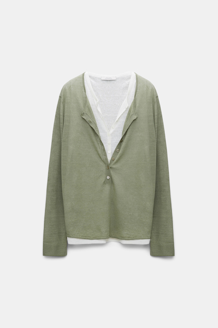 SUMMER EASE pullover Dorothee Schumacher Linen blend henley-style layered top pale khaki