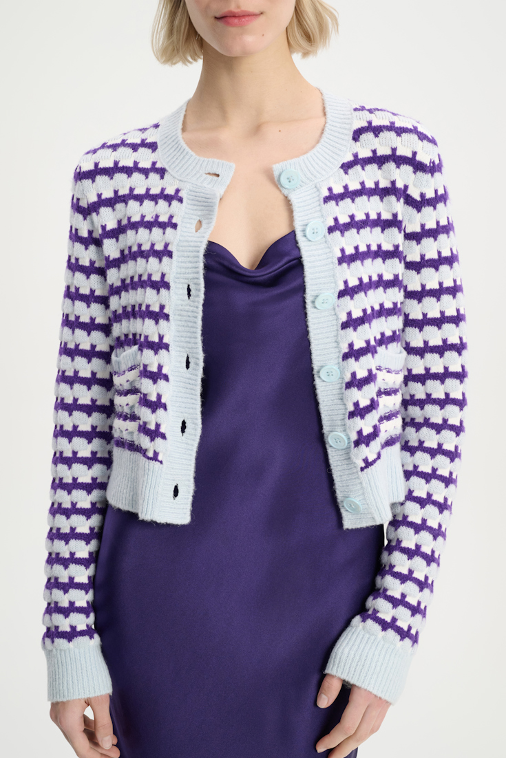 Dorothee Schumacher Jacquard knit cardigan with solid trim purple blue white mix