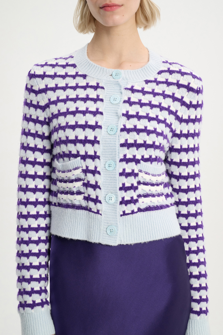 Dorothee Schumacher Jacquard knit cardigan with solid trim purple blue white mix