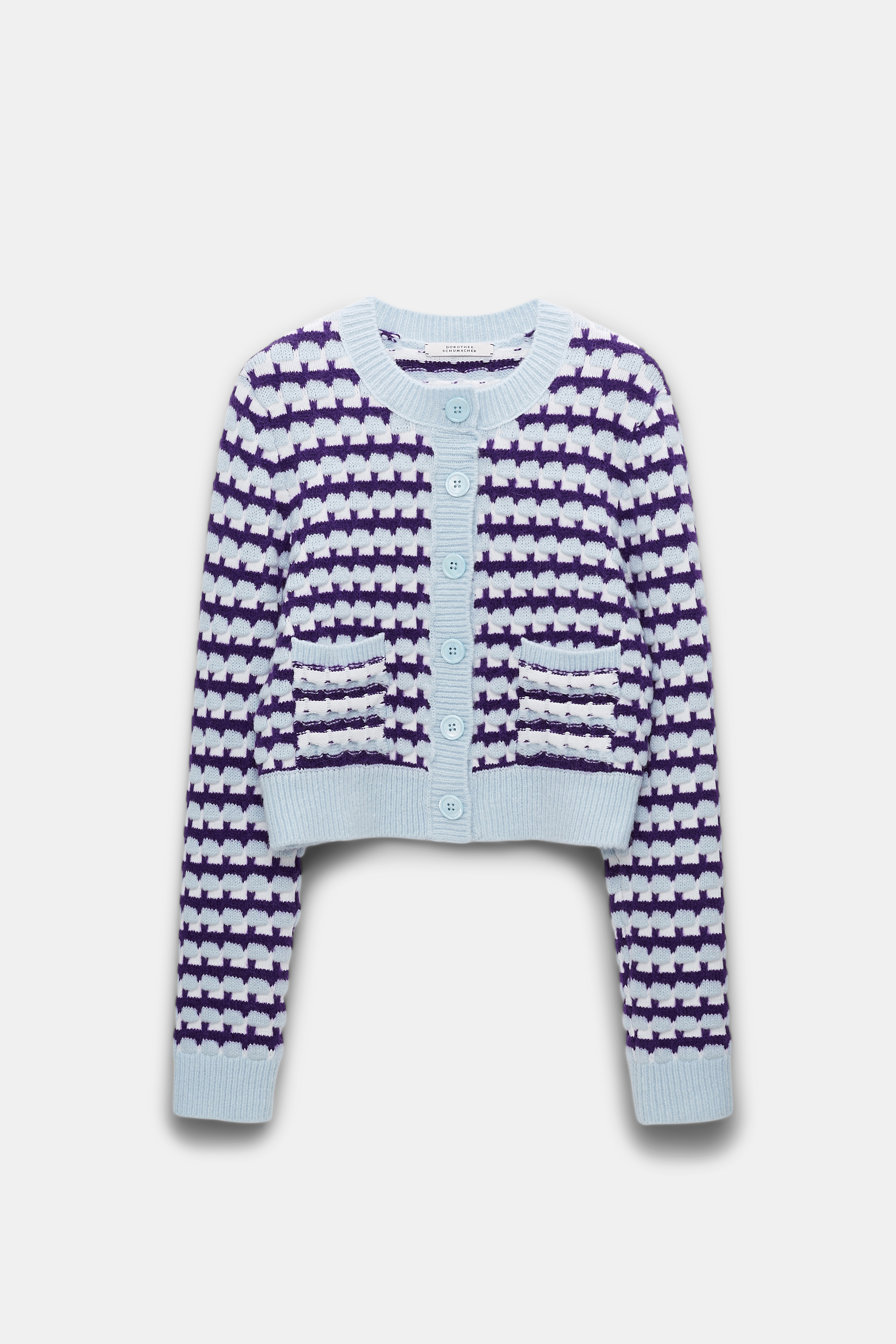 Dorothee Schumacher Jacquard knit cardigan with solid trim purple blue white mix