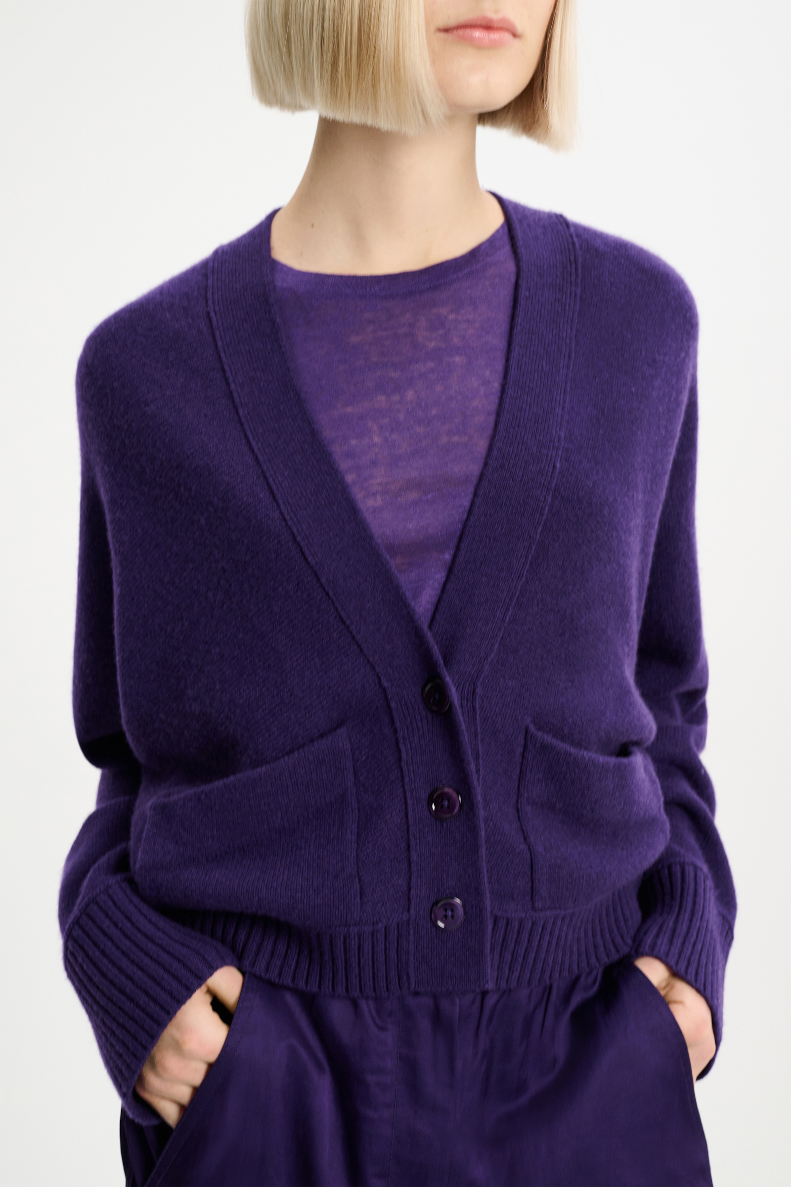 Dorothee Schumacher Wool-cashmere V-neck cardigan with pockets dark purple