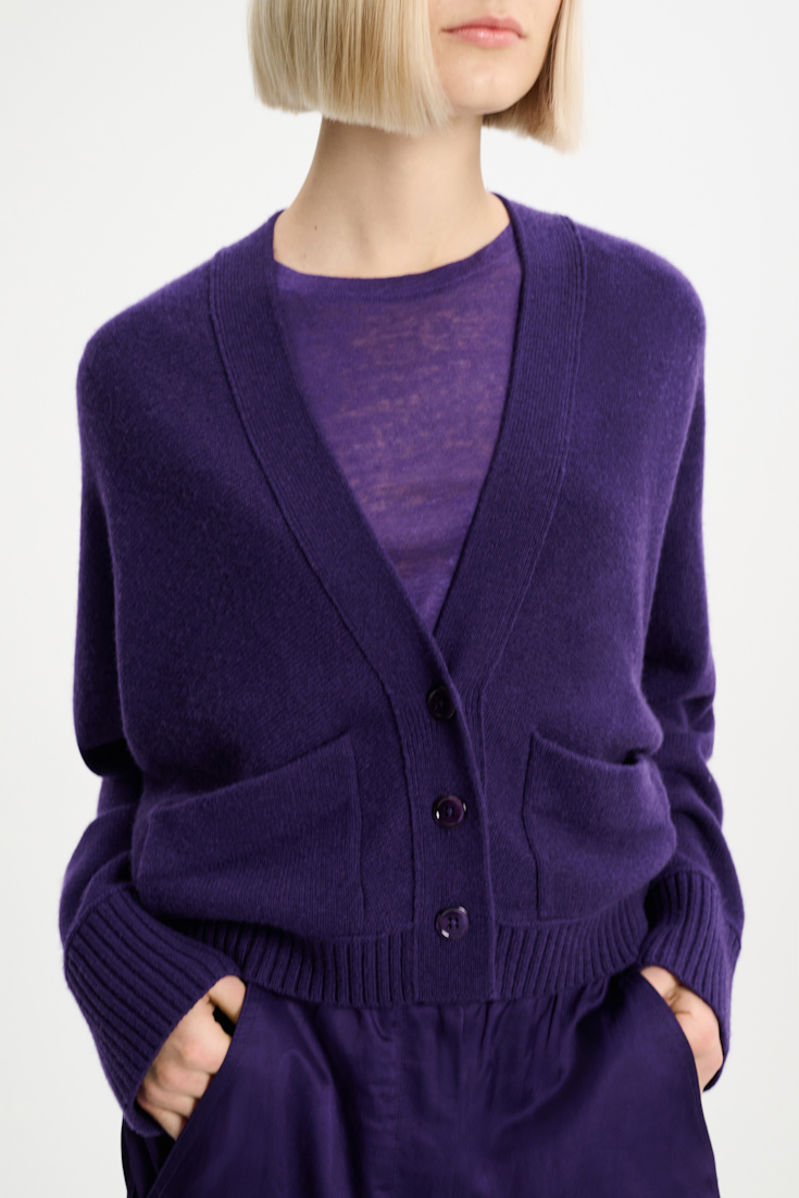 Dorothee Schumacher Wool-cashmere V-neck cardigan with pockets dark purple