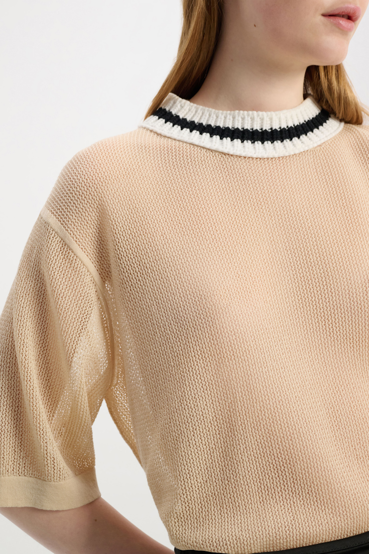 Dorothee Schumacher Sheer knit cotton mesh top with contrast trim shimmering beige