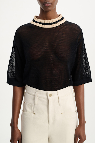 Dorothee Schumacher Sheer knit cotton mesh top with contrast trim pure black