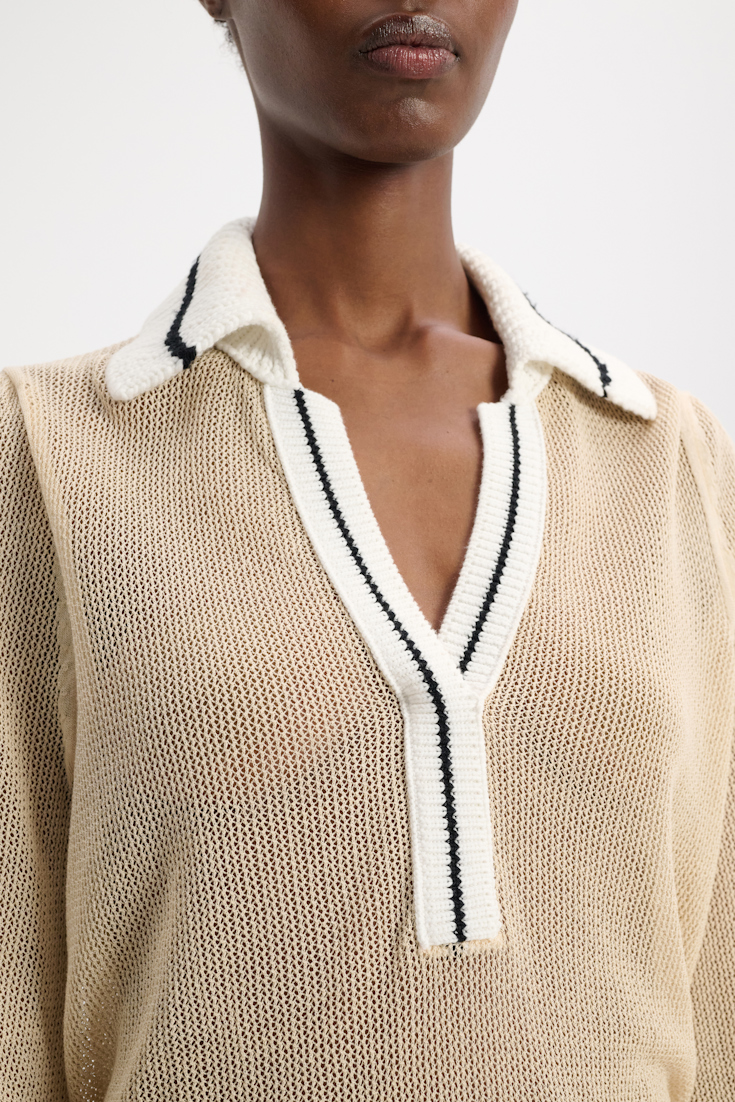 Dorothee Schumacher Sheer knit cotton mesh polo-style pullover with contrast trim shimmering beige