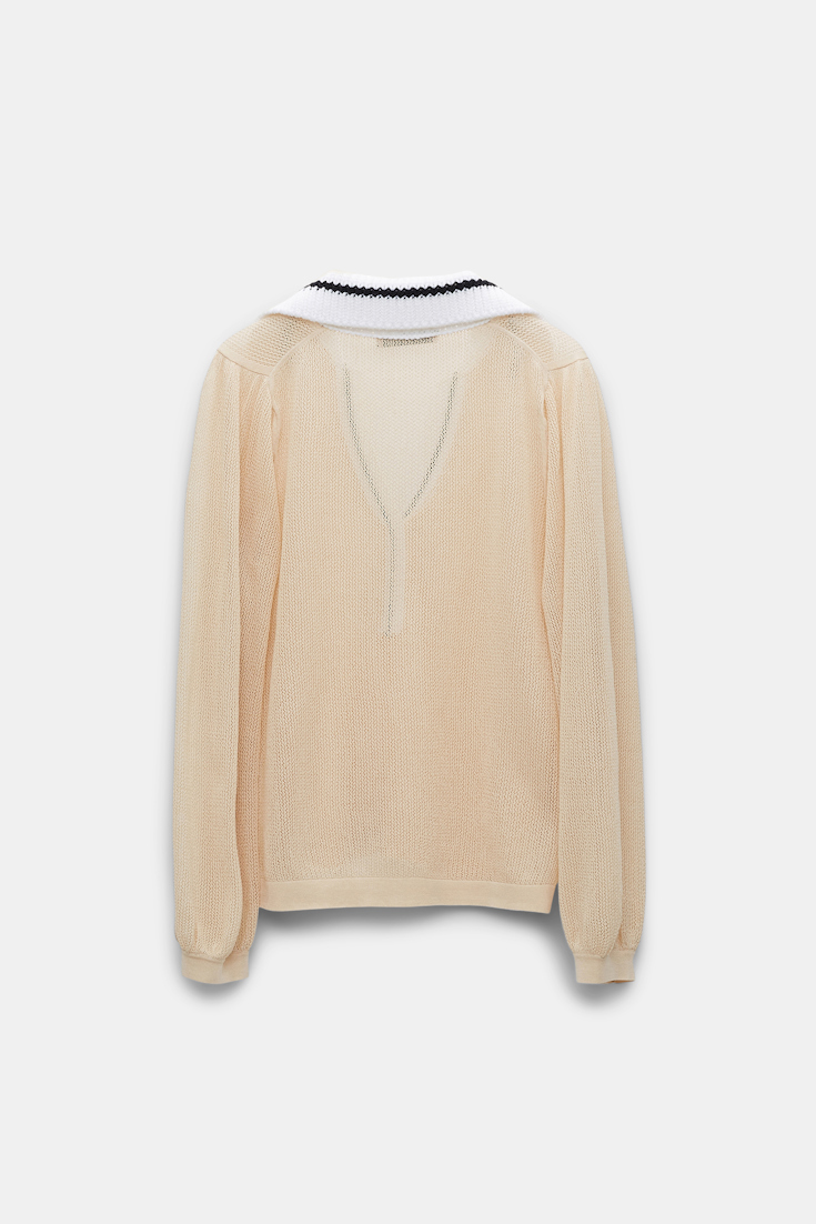 Dorothee Schumacher Sheer knit cotton mesh polo-style pullover with contrast trim shimmering beige