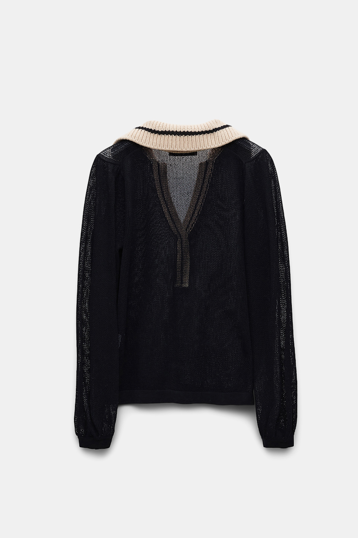 Dorothee Schumacher Sheer knit cotton mesh polo-style pullover with contrast trim pure black