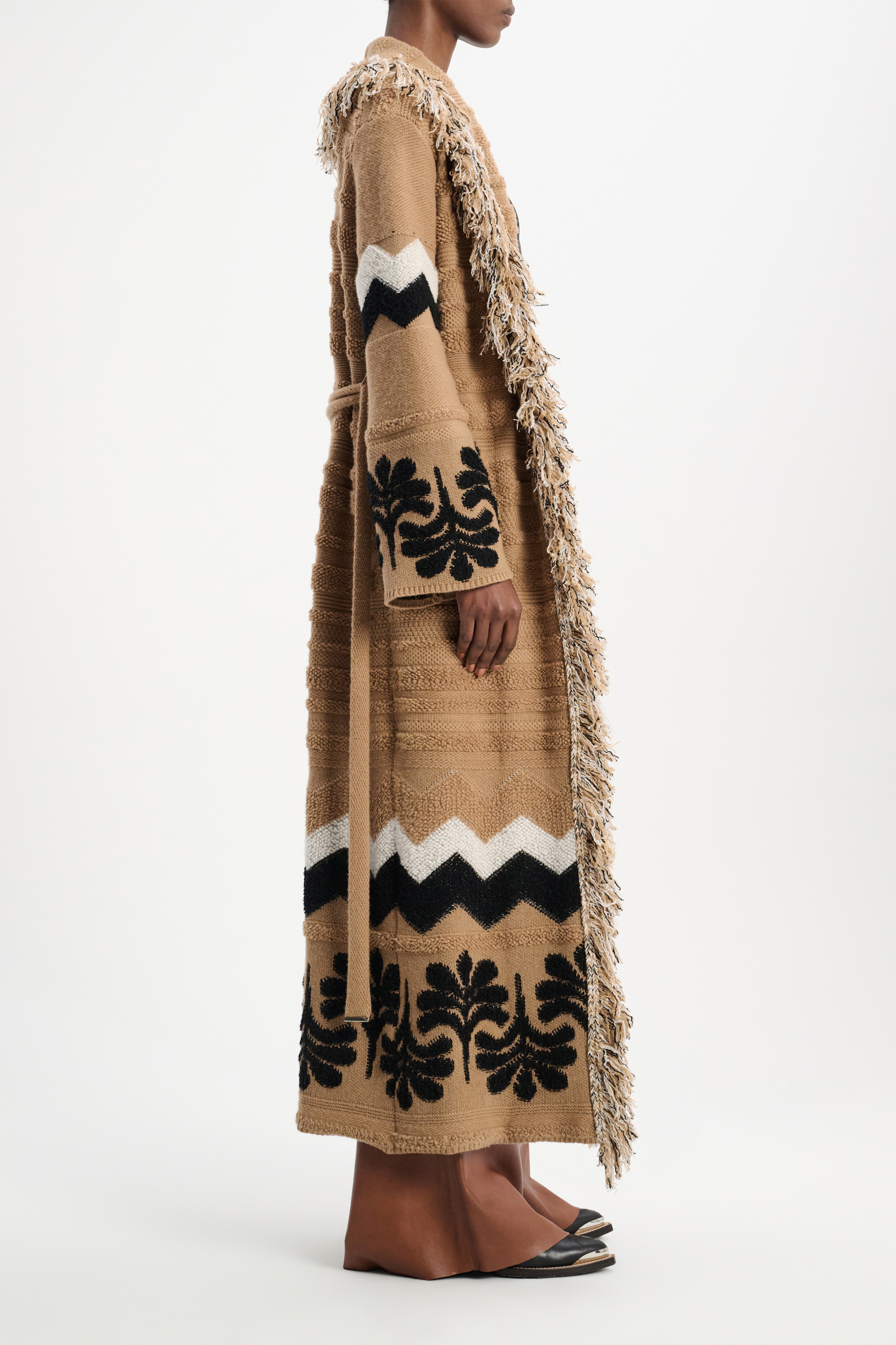 Dorothee Schumacher Jacquard knit coat with fringe adored brown