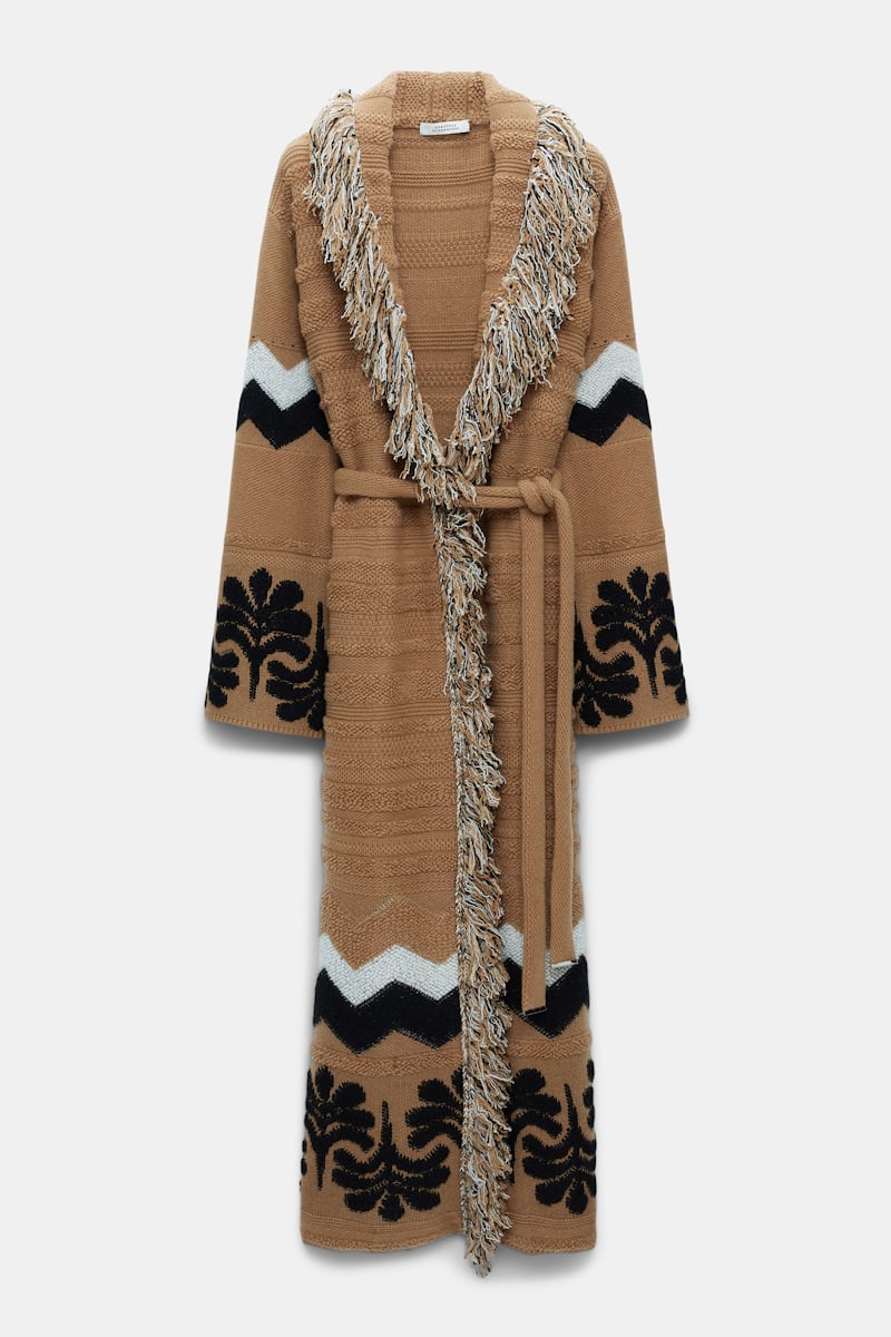 Dorothee Schumacher Jacquard Knit Coat With Fringe In Brown