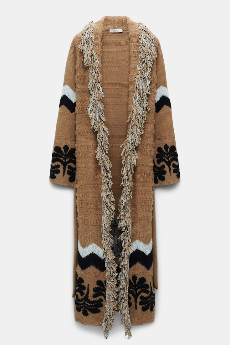 Dorothee Schumacher Jacquard knit coat with fringe adored brown