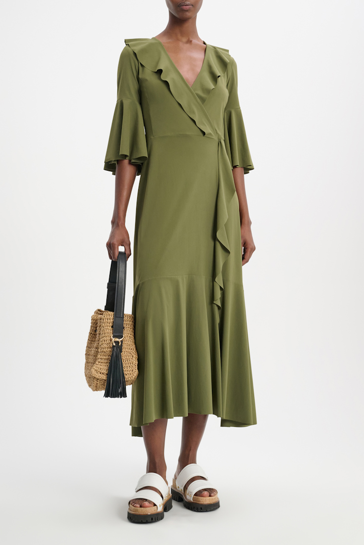 Dorothee Schumacher Wrap front beach dress with flounces dark olive green