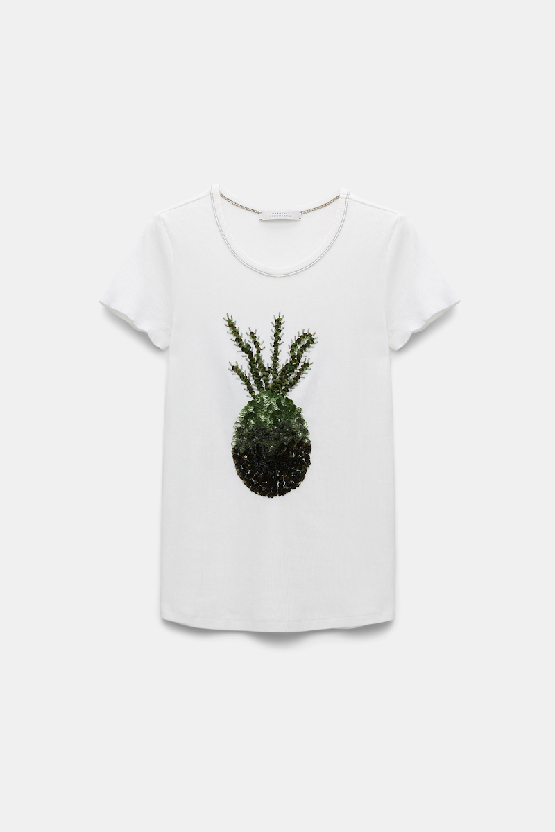 Shop Dorothee Schumacher Fine Ribbed Cotton T-shirt With Pineapple Embroidery In White