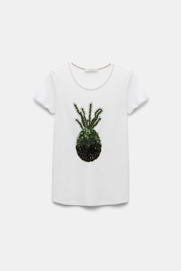 Dorothee Schumacher Fine ribbed cotton T-shirt with pineapple embroidery pure white