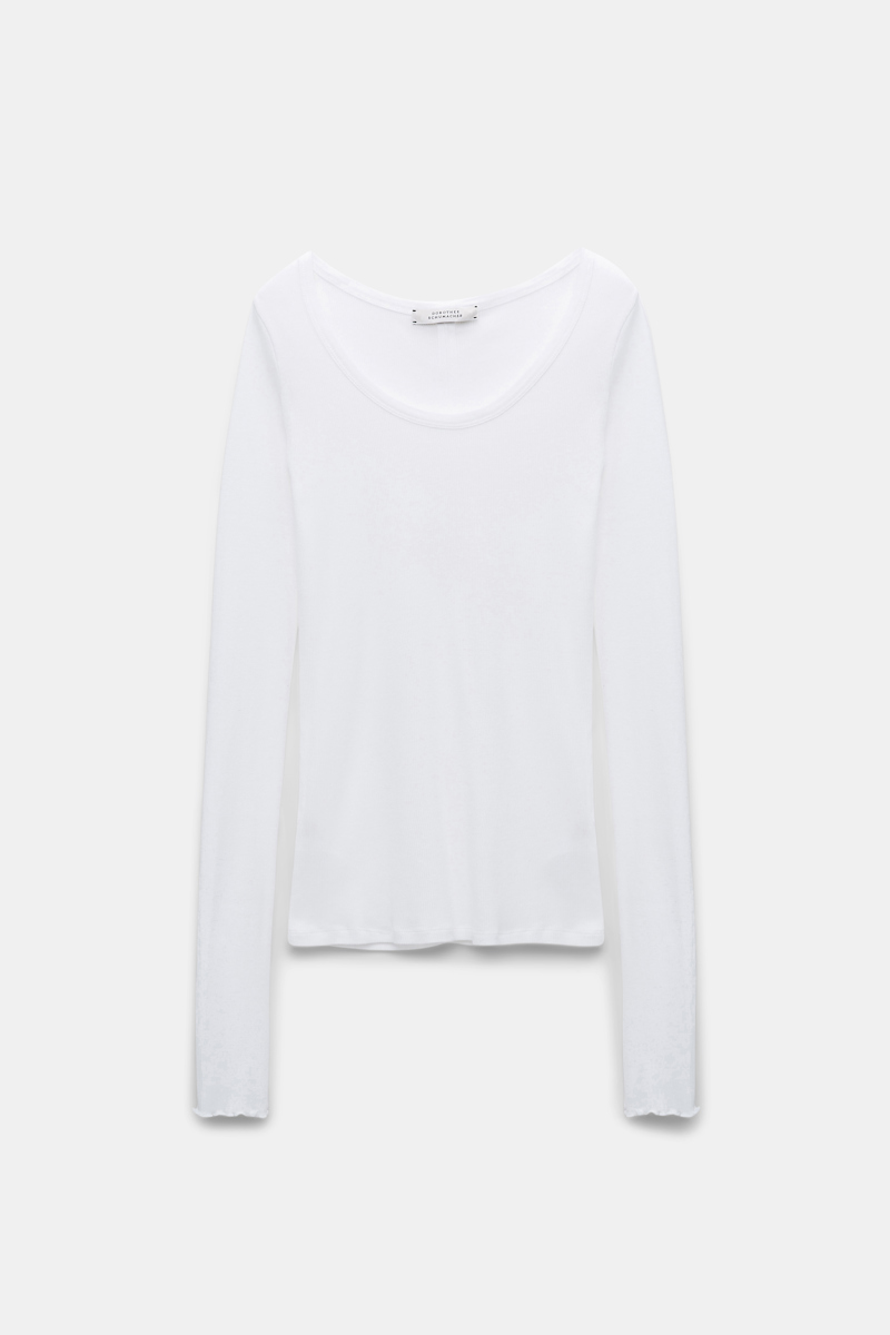 Dorothee Schumacher Ribbed Cotton Long Sleeve Top With A Deep Scoop Neckline In White