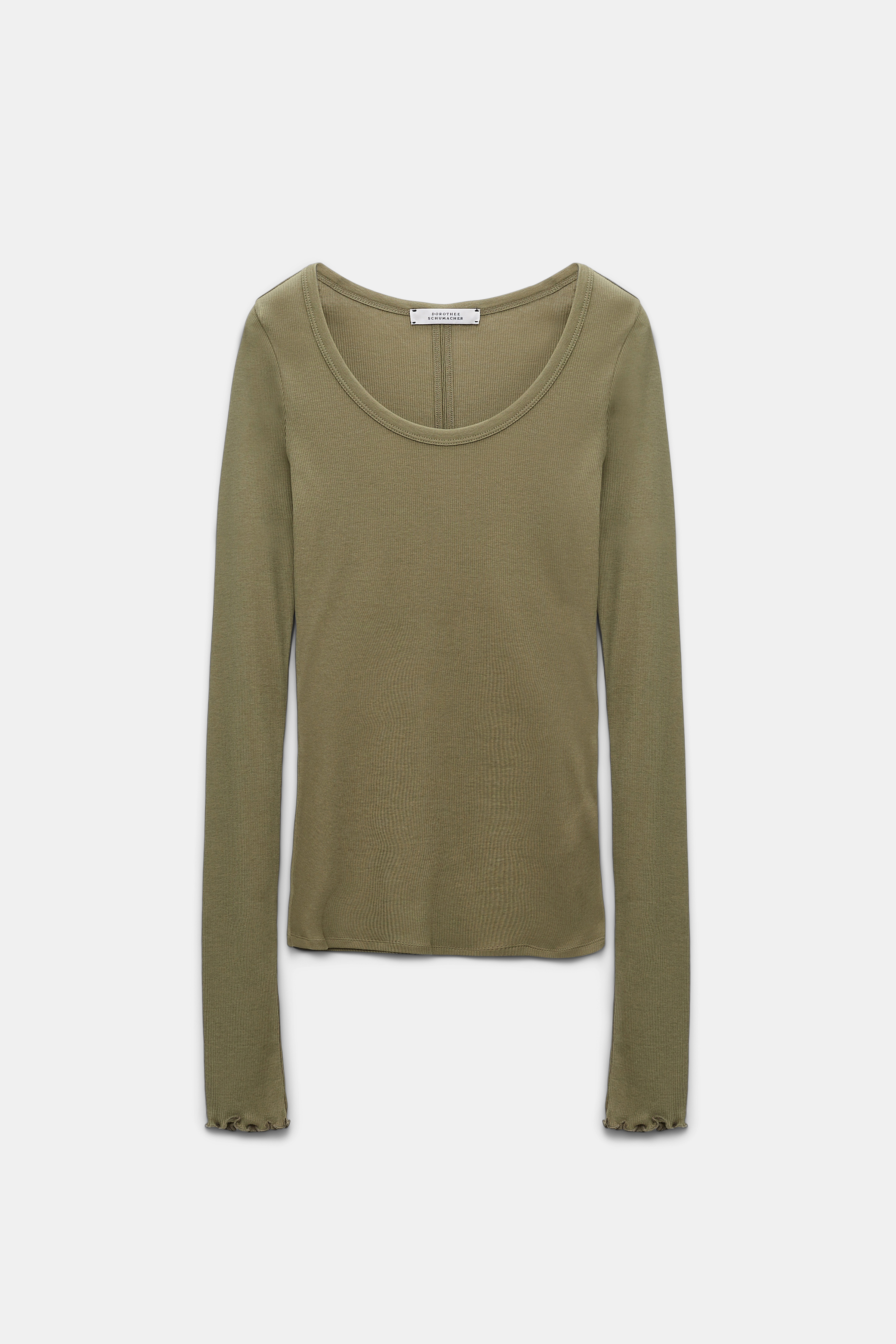 Dorothee Schumacher Ribbed cotton long sleeve top with a deep scoop neckline dark shiny khaki