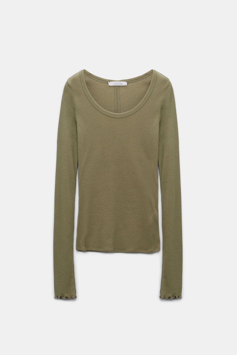 Dorothee Schumacher Ribbed Cotton Long Sleeve Top With A Deep Scoop Neckline In Green