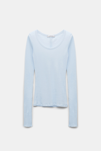 SIMPLY TIMELESS shirt Dorothee Schumacher Geripptes Langarmshirt mit tiefem Rundhalsausschnitt soft blue