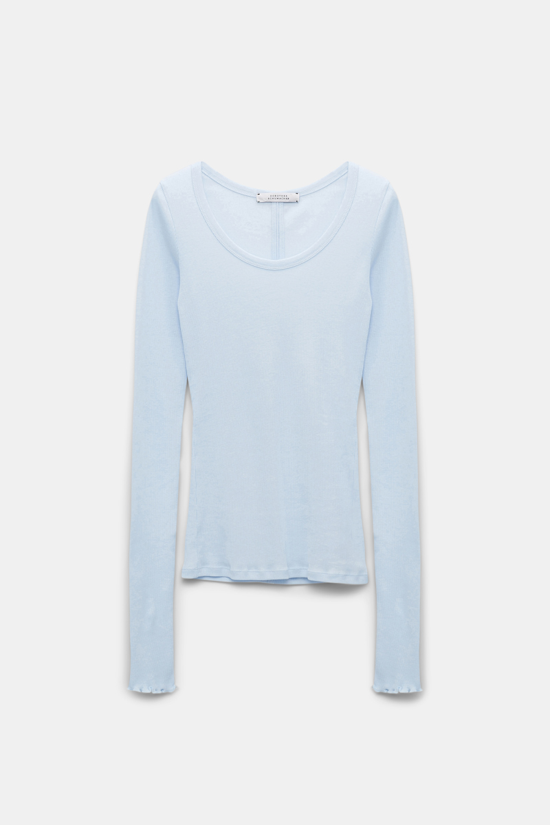 Dorothee Schumacher Ribbed Cotton Long Sleeve Top With A Deep Scoop Neckline In Blue