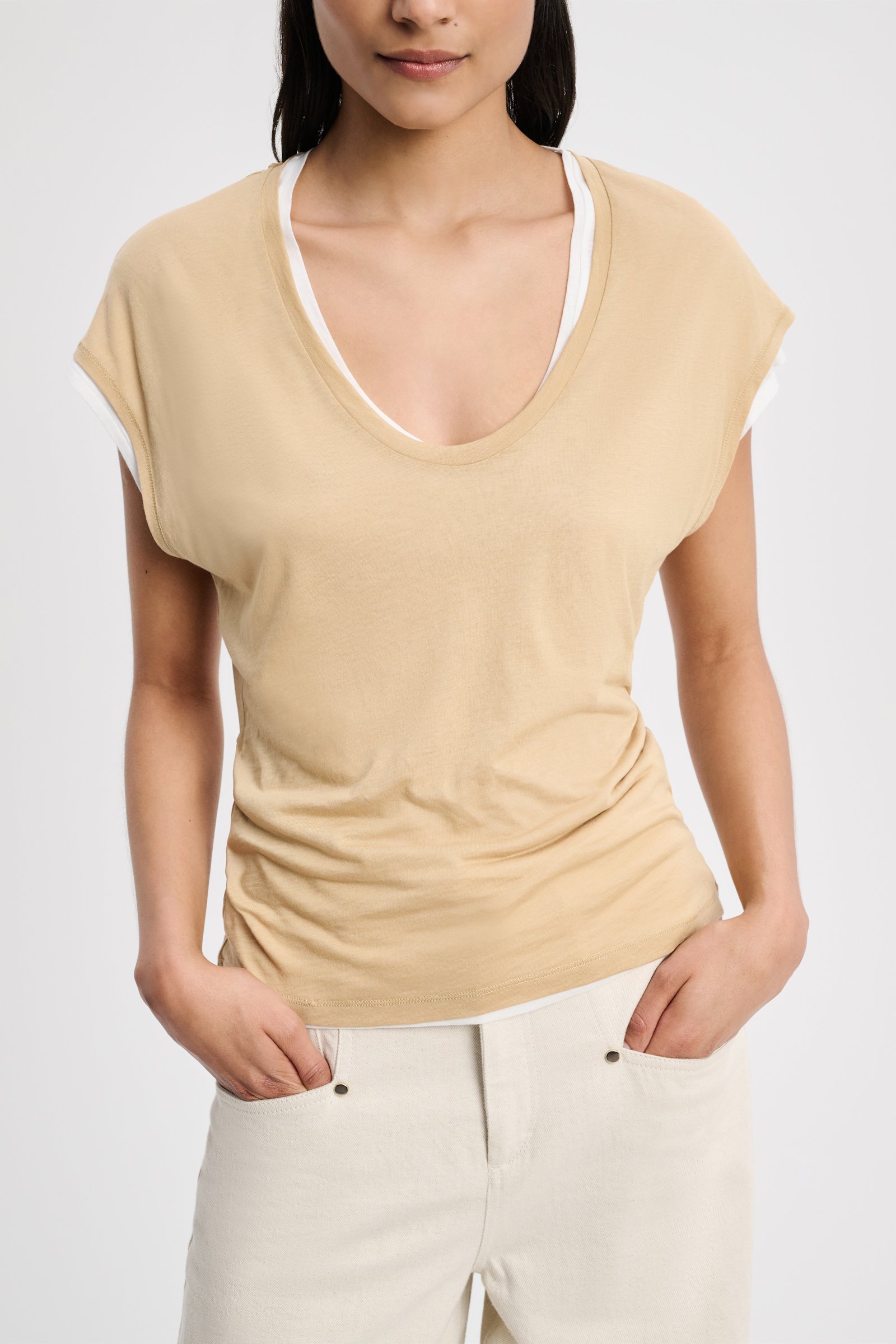 Dorothee Schumacher Double-layer sleeveless top with draped shoulders brown and creme mix