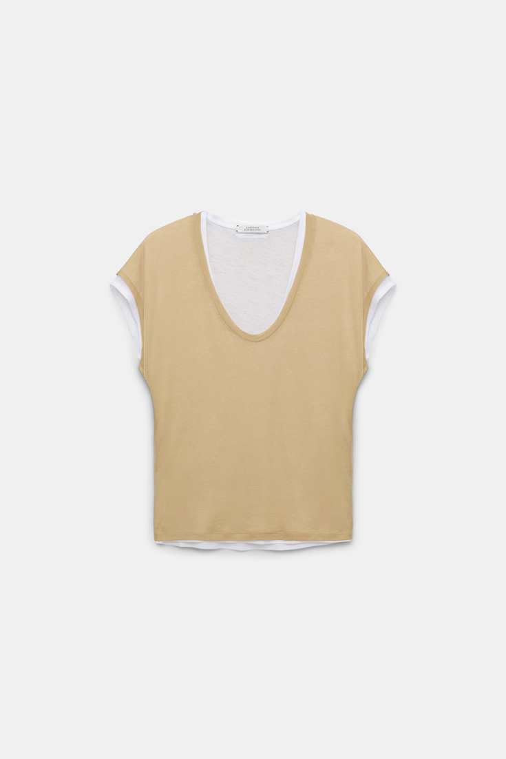 Dorothee Schumacher Double-layer sleeveless top with draped shoulders brown and creme mix