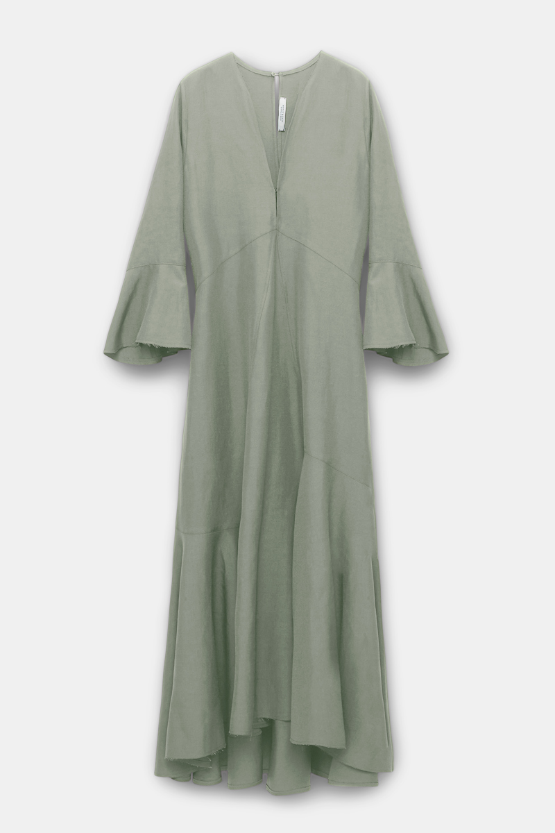 Shop Dorothee Schumacher Linen Blend Maxi Dress With A V-neckline In Green