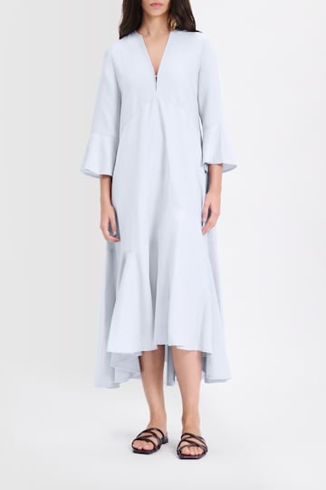 Dorothee Schumacher Kleid aus Leinenmix mit tiefem V-Ausschnitt und Volants soft blue