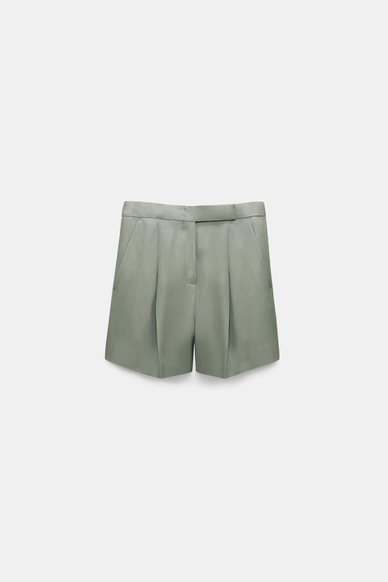 Shop Dorothee Schumacher Wide Leg Linen Blend Shorts With Front Pleats In Green