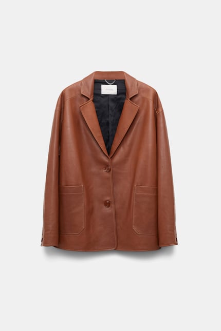 SLEEK STATEMENT jacket Dorothee Schumacher Leather blazer with elastic detail on the back brown sugar