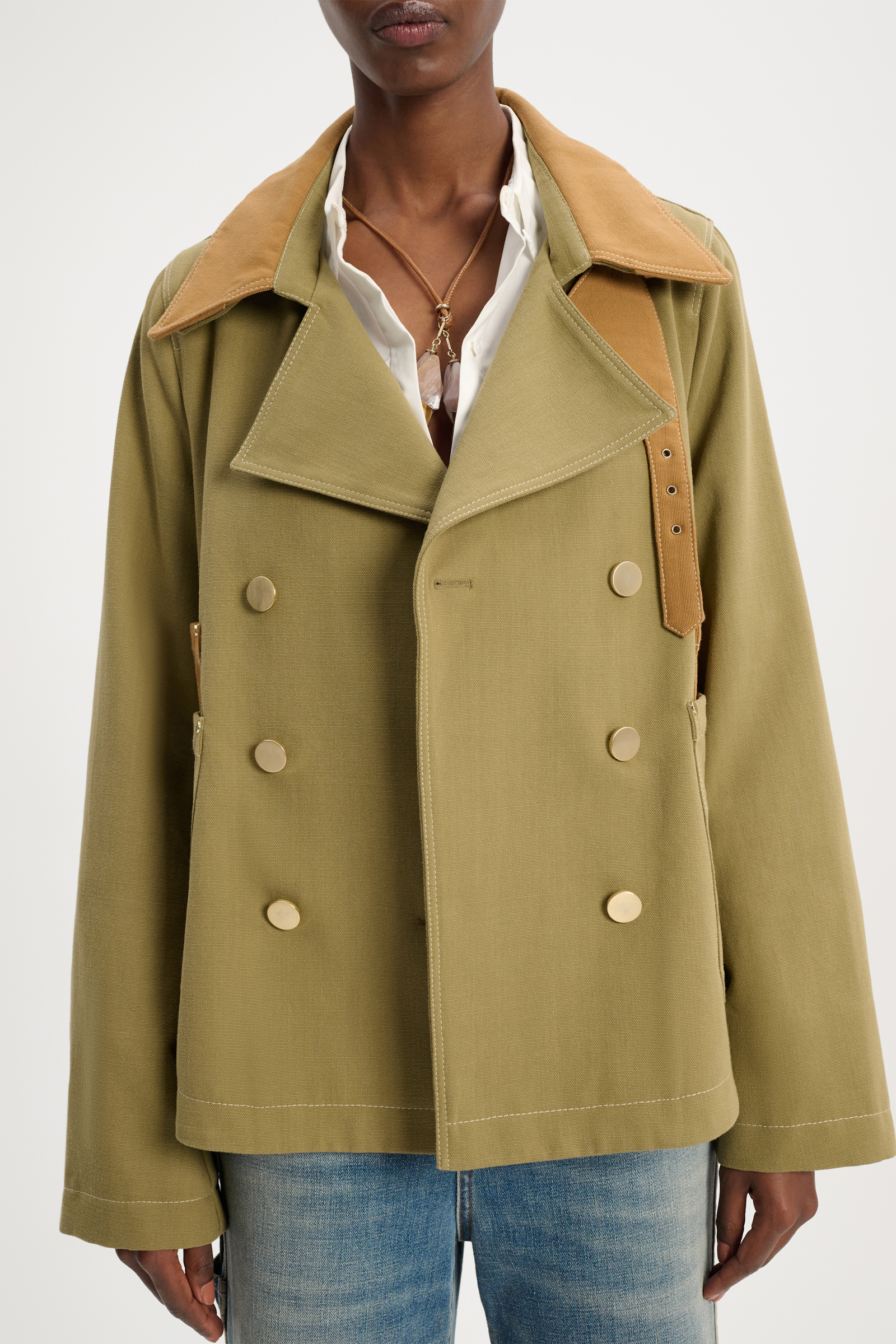 Dorothee Schumacher Double-breasted pea coat with contrast tonal trim soft olive green