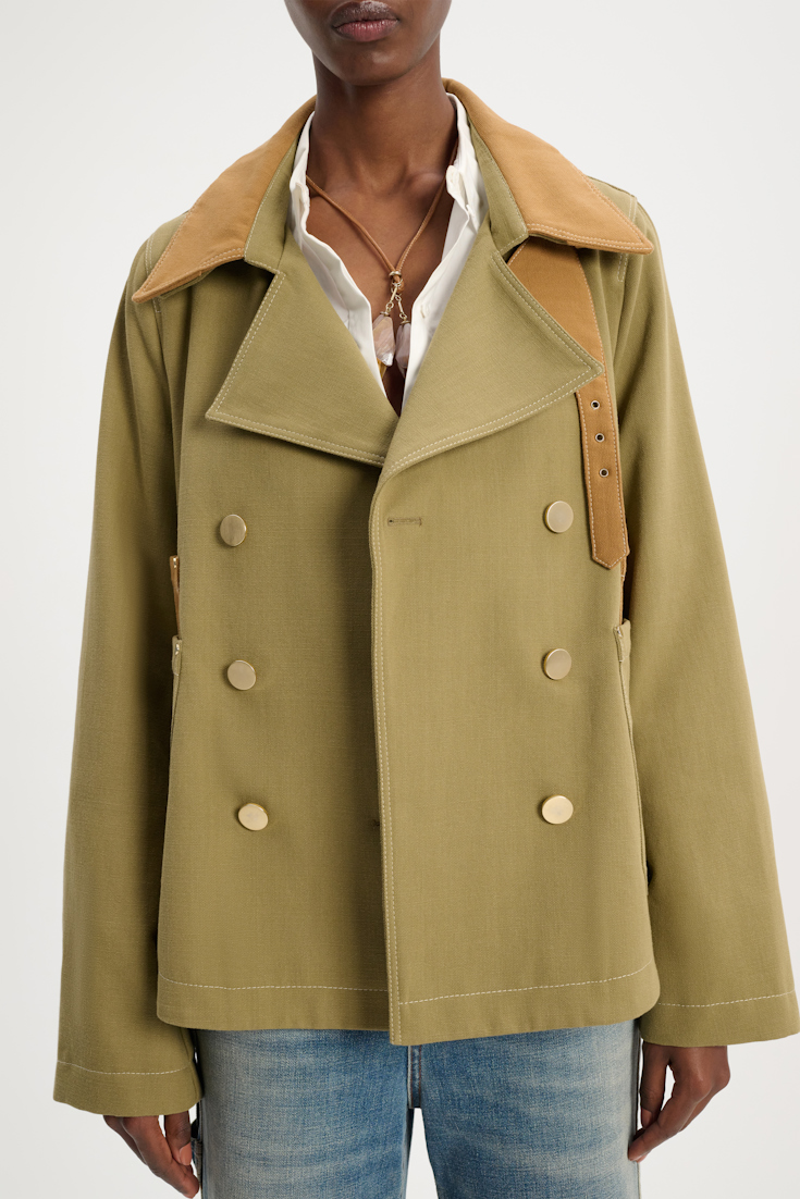 Dorothee Schumacher Double-breasted pea coat with contrast tonal trim soft olive green