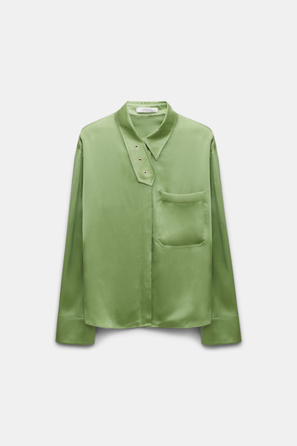SHINY STATEMENT blouse Dorothee Schumacher Silk charmeuse blouse with collar detail soft green