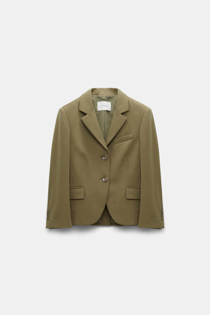 EMOTIONAL ESSENCE jacket Dorothee Schumacher Mini-Blazer aus Punto Milano dark shiny khaki