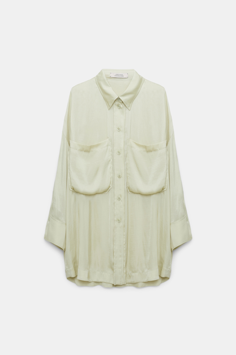 Dorothee Schumacher Oversized Shirt In Crinkle Satin With Patch Pockets In Green